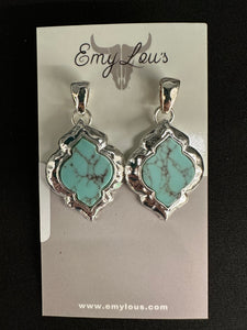 Hammered Silvertone Framed Turquoise Morocco Earrings