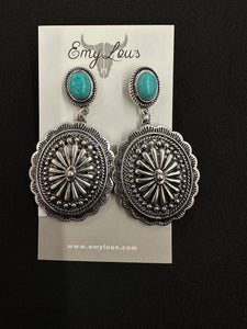 Turquoise and Silvertone Coronado Concho Earrings