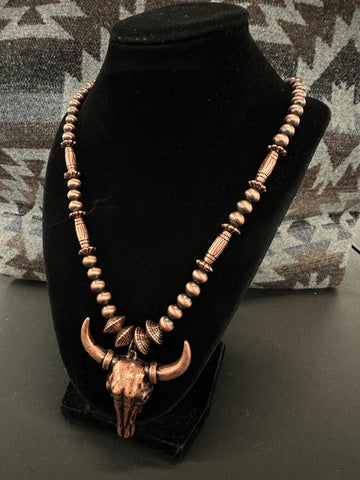 Burnished Coppertone Steer Skull Navajo Inspired Pearl Beaded Necklace