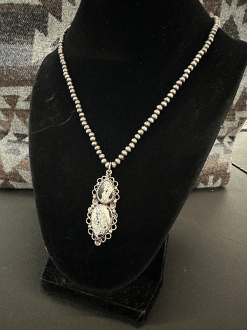Howlite Double Teardrop Silver Pearl Necklace
