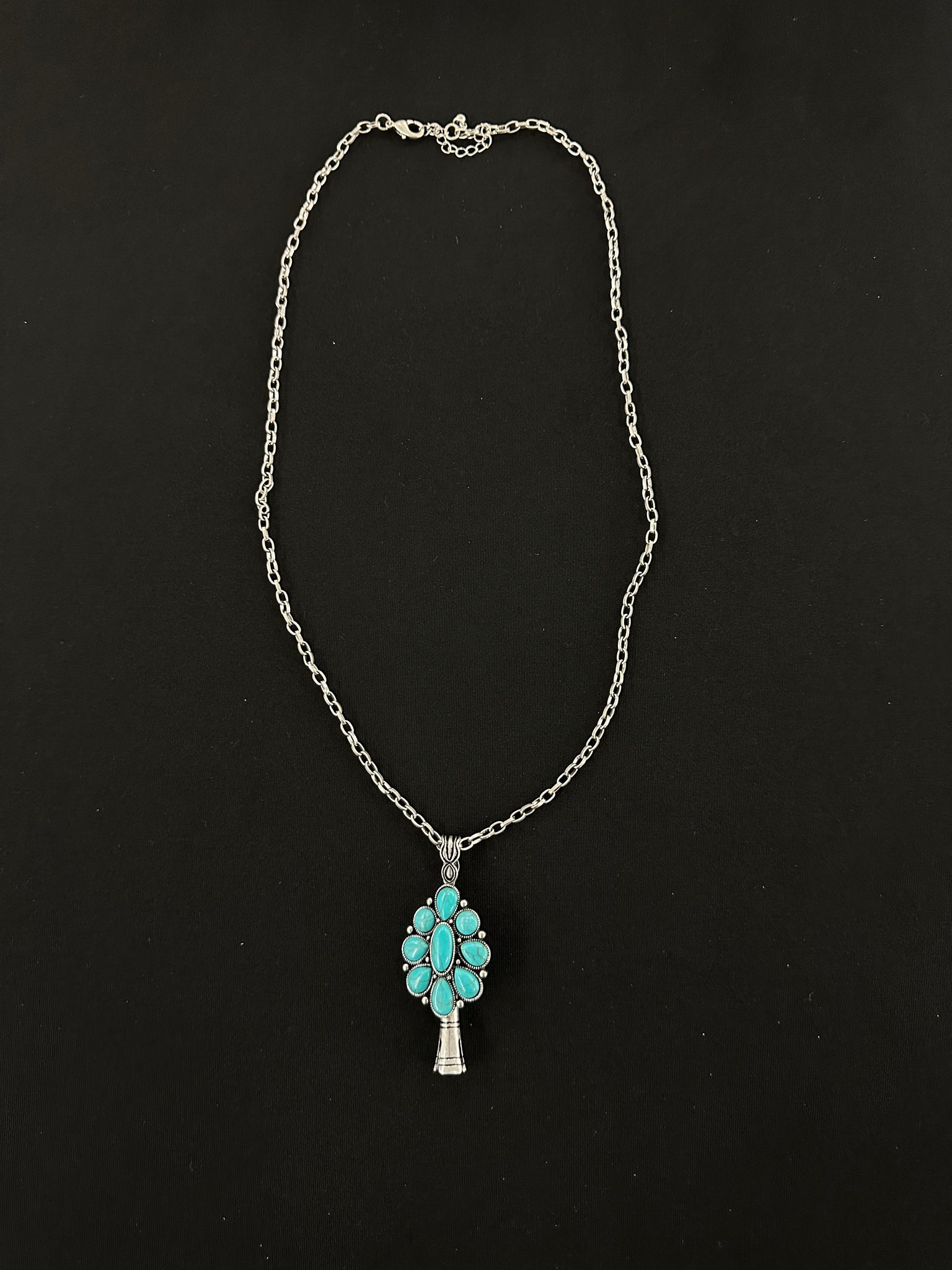 Turquoise Burnished Silvertone Single Squash Blossom Necklace