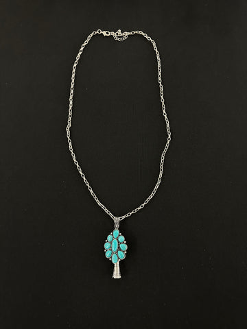 Turquoise Burnished Silvertone Single Squash Blossom Necklace