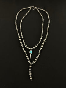Layered Silver Navajo Inspired Pearl Squash Blossom Drop Pendant Necklace