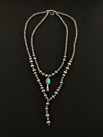 Layered Silver Navajo Inspired Pearl Squash Blossom Drop Pendant Necklace