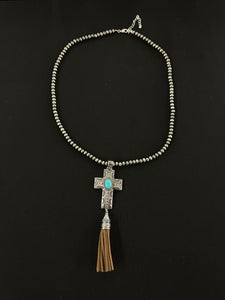 Wildridge Turquoise and Brown Cross Tassel Necklace