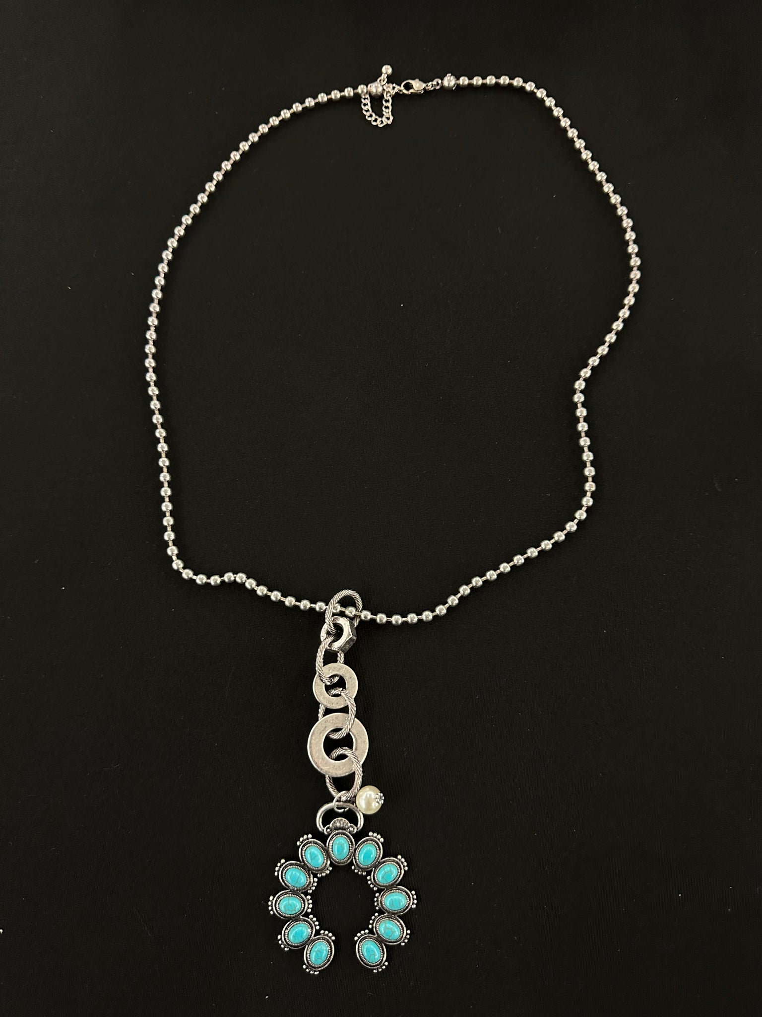 Turquoise Beaded Burnished Silvertone Naja Drop Pendant Necklace