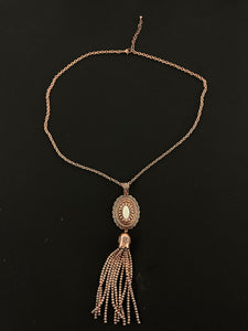 Burnished Coppertone and White Oval Bead Tassel Necklace