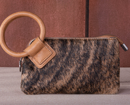 Montana West Genuine Hair-On Cowhide Ring Handle Wristlet Clutch Bag- Tan