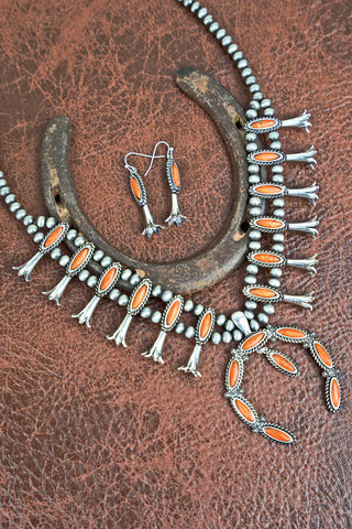 Orange El Verano Silver Pearl Necklace & Earring Set