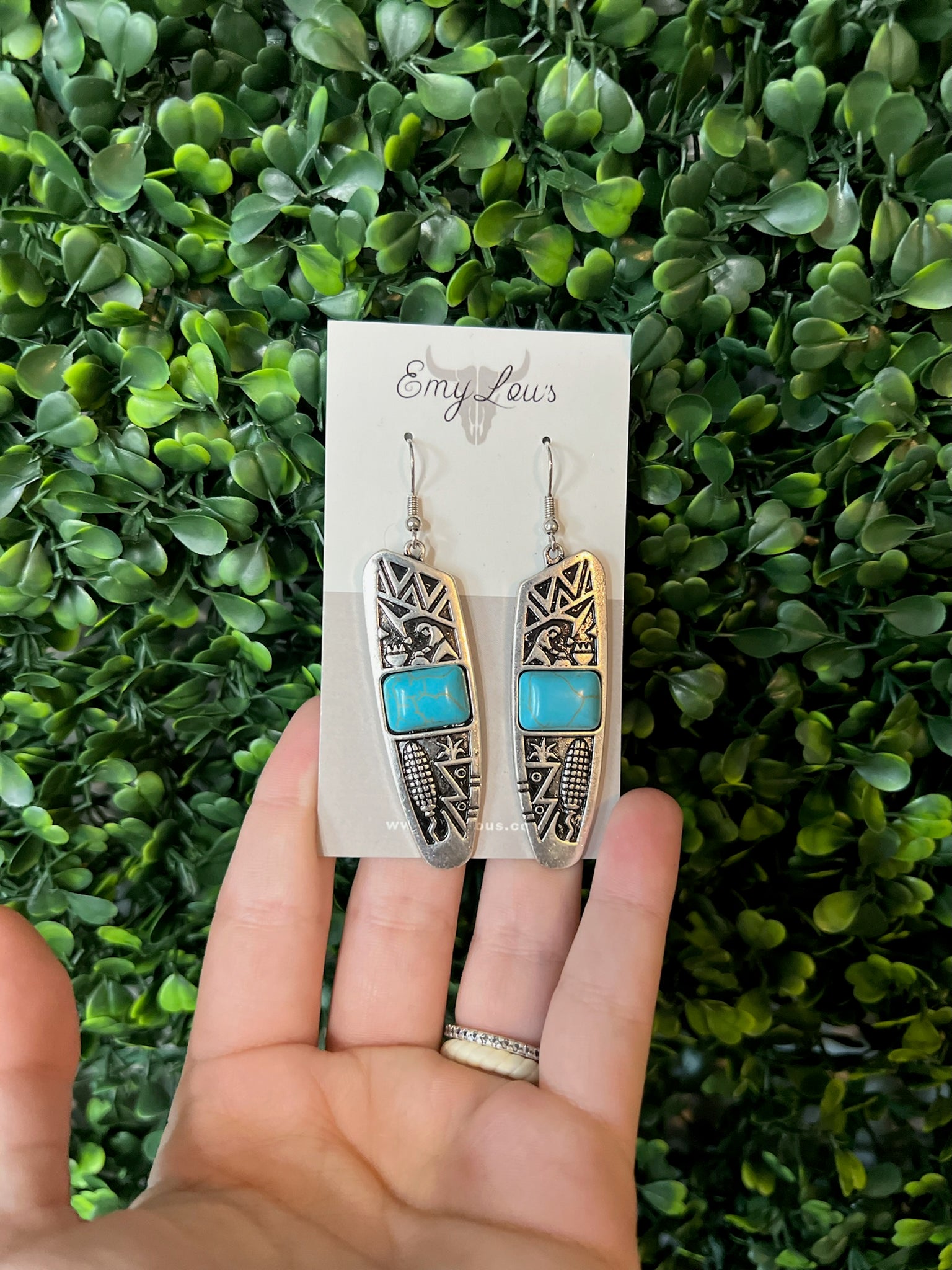 Turquoise Silvertone Aztec Cave Trail Earrings