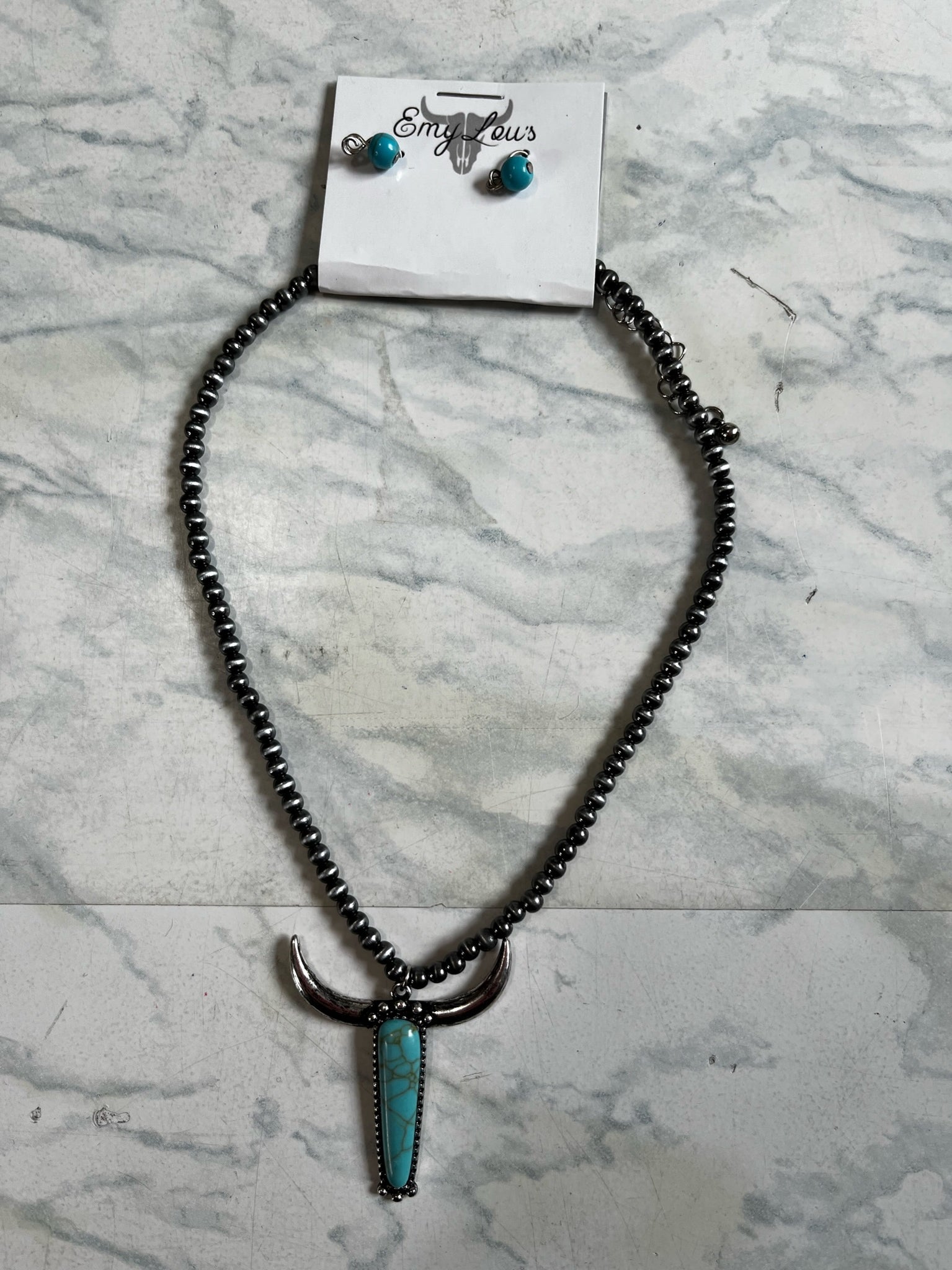 Turquoise Stone Longhorn Pearl Choker & Earring Set