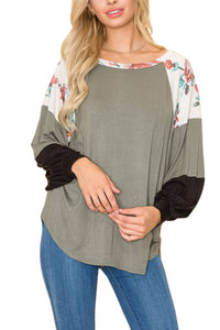 Partially Floral Color Block Long Sleeve Top: Light Olive