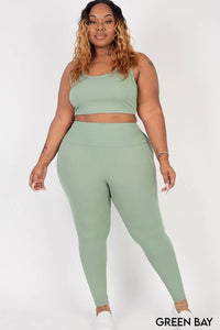Plus Size Ribbed Crop Top And Leggings Set: Green Bay