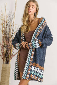 Navy Plus Size Open Front Cardigan With Tribal Trim