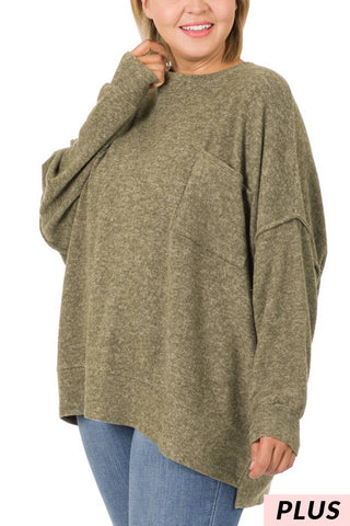 Plus Size Brushed Melange Drop Shoulder Sweater: DK Olive