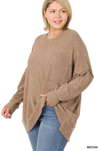 Plus Size Brushed Melange Drop Shoulder Sweater:Mocha