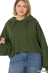 Plus French Terry Drop Shoulder Cropped Hoodie: Olive