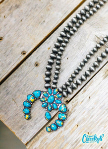 Roselynn Squash Blossom Necklace With Turquoise and Mustard Stones with Navajo Pearls!