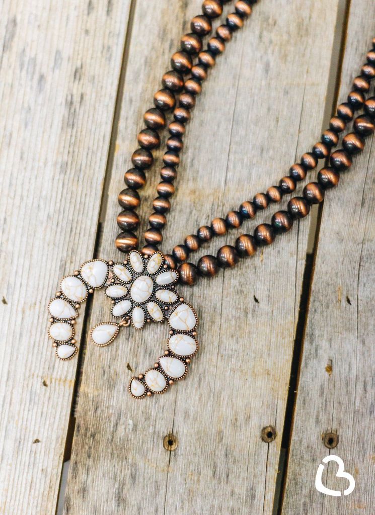 Roselynn Squash Blossom Necklace with Buffalo Stones and Copper Navajo Pearls