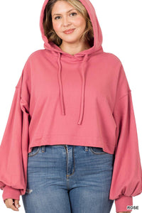 Plus French Terry Drop Shoulder Cropped Hoodie: Rose