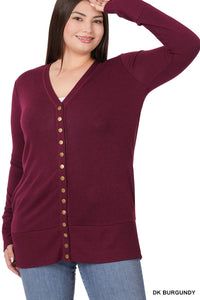 Plus Snap Button Sweater Cardigan: DK Burgundy