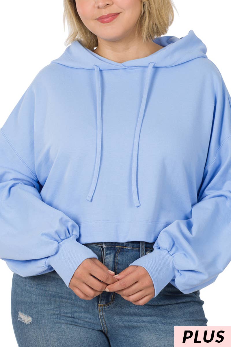 Plus French Terry Drop Shoulder Cropped Hoodie: Spring Blue