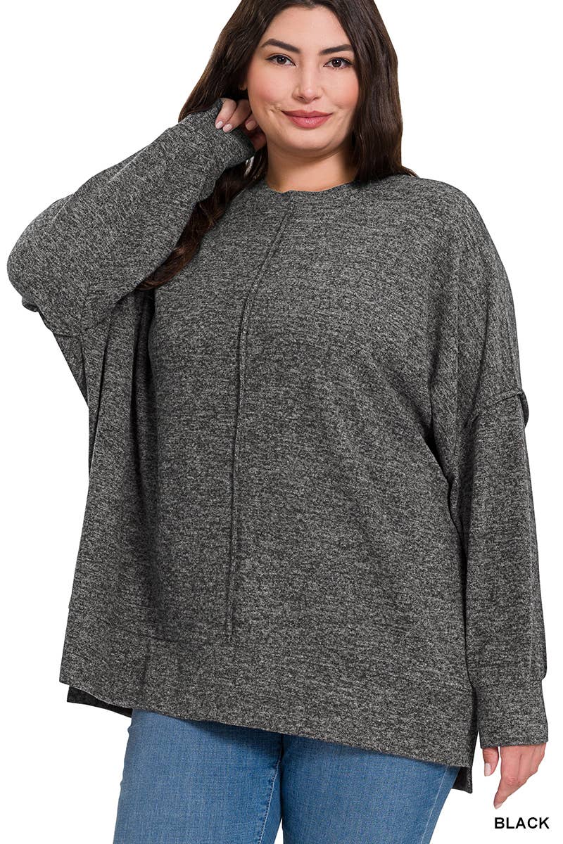 Plus Brushed Melange Hacci Oversized Sweater- Black