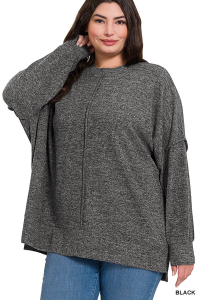 Plus Brushed Melange Hacci Oversized Sweater- Black