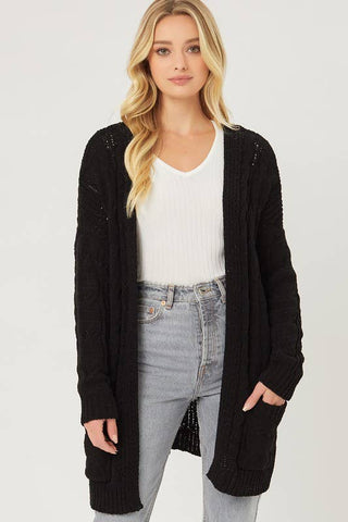 Chunky Cable Knit Ribbed Open Front Cardigan: BLACK