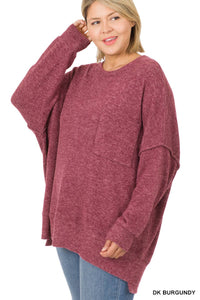 Plus Size Brushed Melange Drop Shoulder Sweater: Dark Burgendy