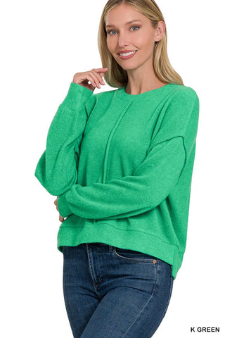 Brushed Melange Hacci Hi-low Hem Sweater: KELLY GREEN