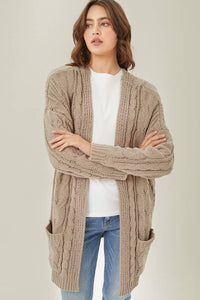 Chunky Cable Knit Ribbed Open Front Cardigan: Truffle