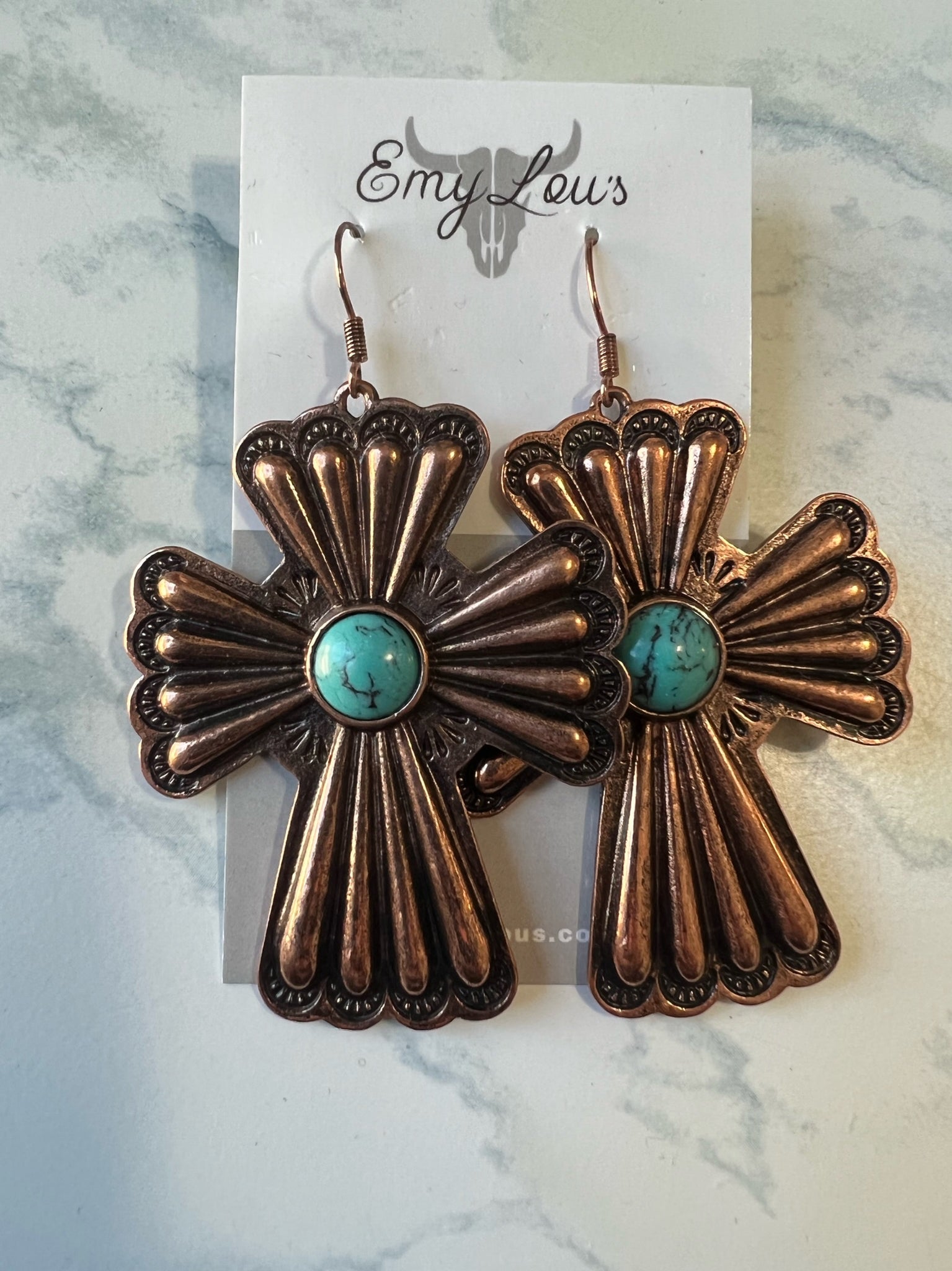 Turquoise Breton Cross Coppertone Earrings