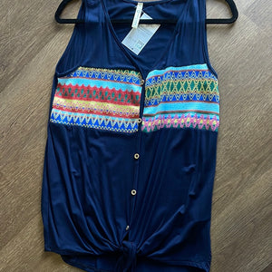 Navy Multi Color Embroidered Tank