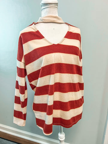Burnt Orange & White Striped High Neck Sweater