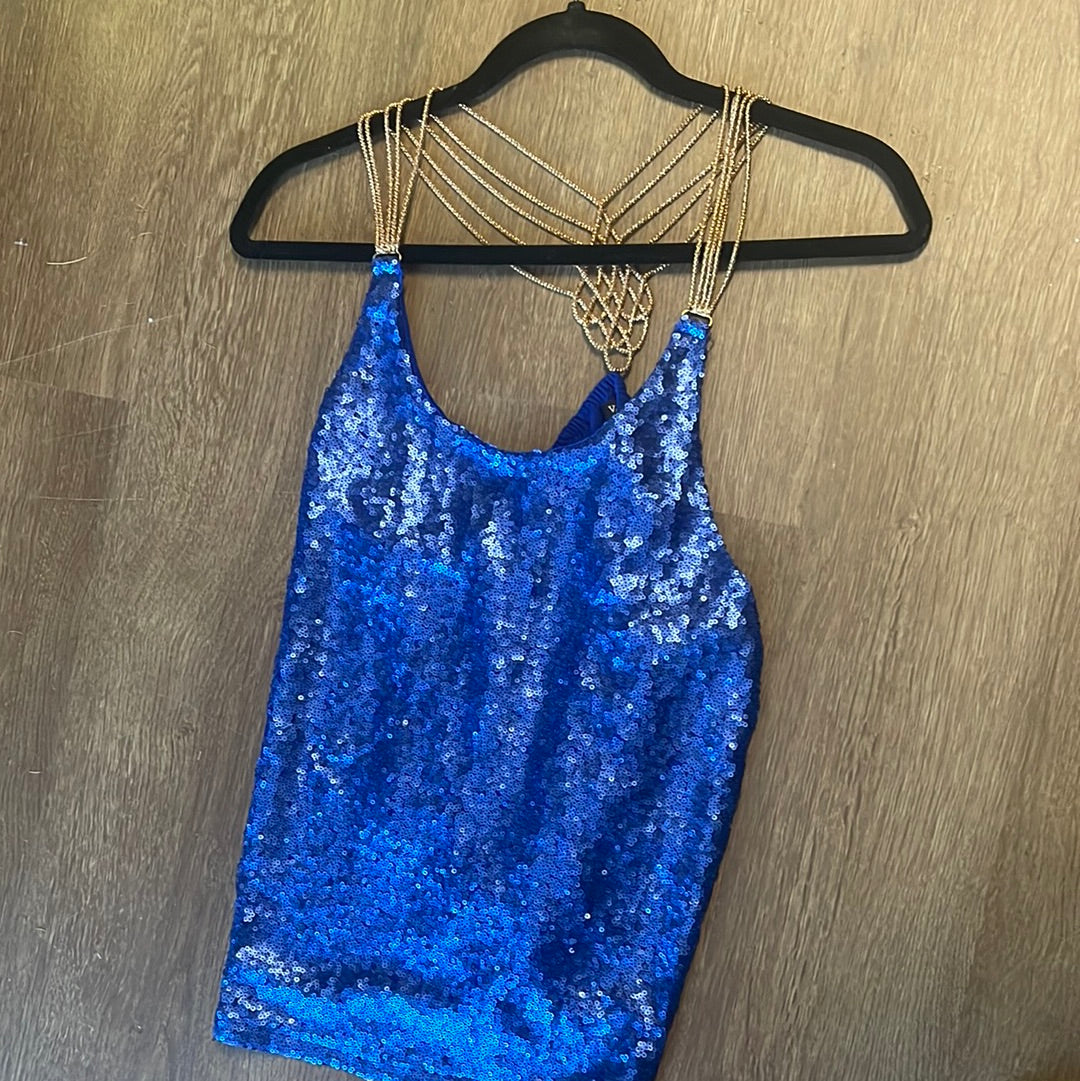Blue Sequins and Gold Chain Top